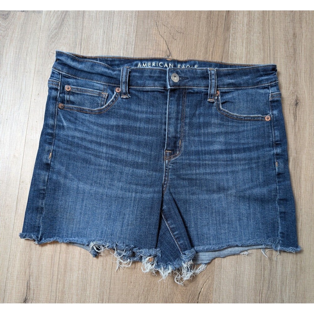 American Eagle Size 10 Hi-Rise Shortie Blue Denim Shorts Dark Wash Stretch Boho